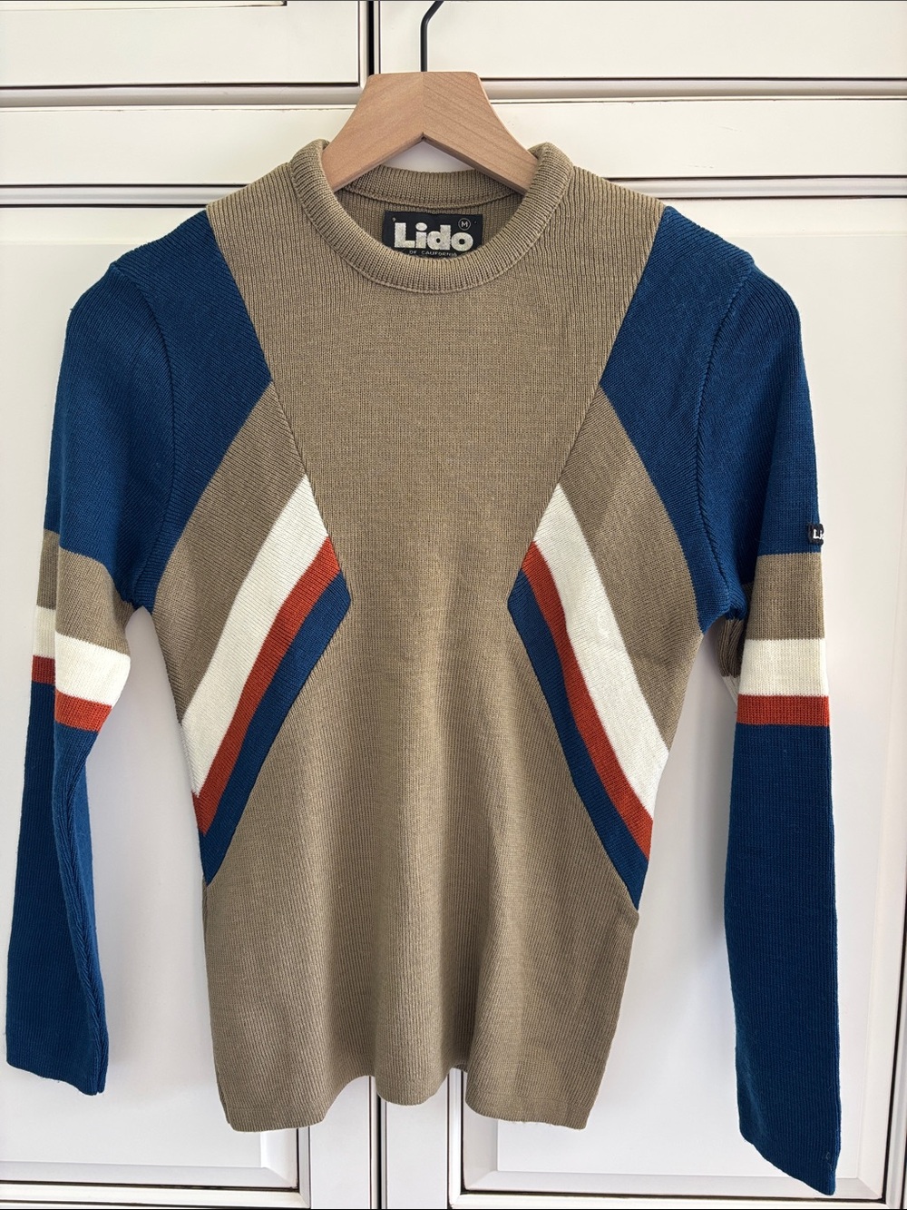 Vintage Lido Of California Wool Tan Blue Stripe Sweater Ski Womens Medium Y2K